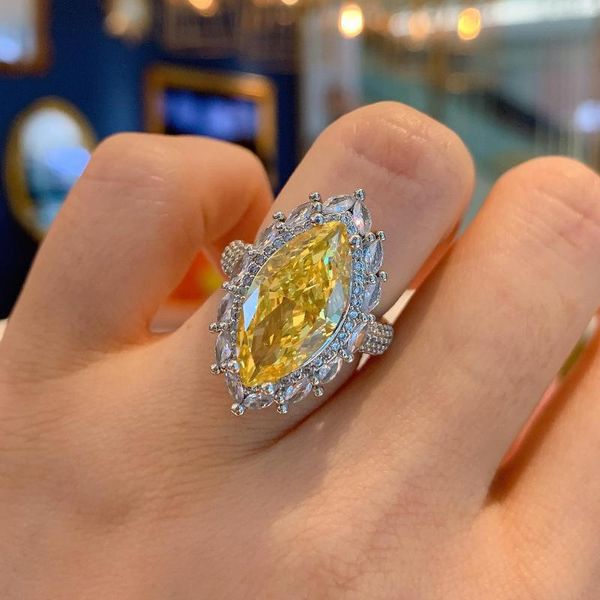 Ringos de cluster em forma de oliva olho de cavalo de zircão dourado simulação de produto vermelho citrina diamante completo anel aberto jóias femininas