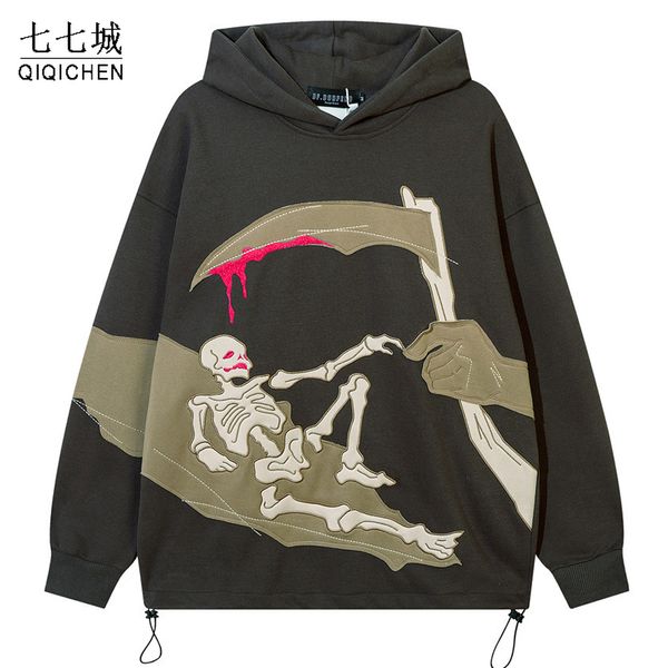 Erkek Hoodies Sweatshirts Erkek İskeleti Orak Yaması Hoodie Pamuk Retro Hip Hop Street Sweatshirt Sıradan kazaklar Harajuku Sonbahar 221129