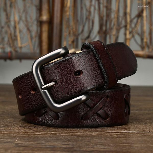 Cinture Cintura in vera pelle da uomo Fibbia ad ardiglione nera 3,8 cm Tessuto a mano Designer di lusso Cowskin Ceinture Homme Spessa