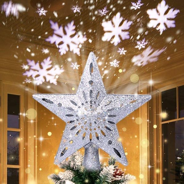 Decorazioni natalizie Topper per albero Proiettore a stella a LED Glitter 3D Luci rotanti a fiocco di neve per feste di Natale Decorazioni per interni 221130
