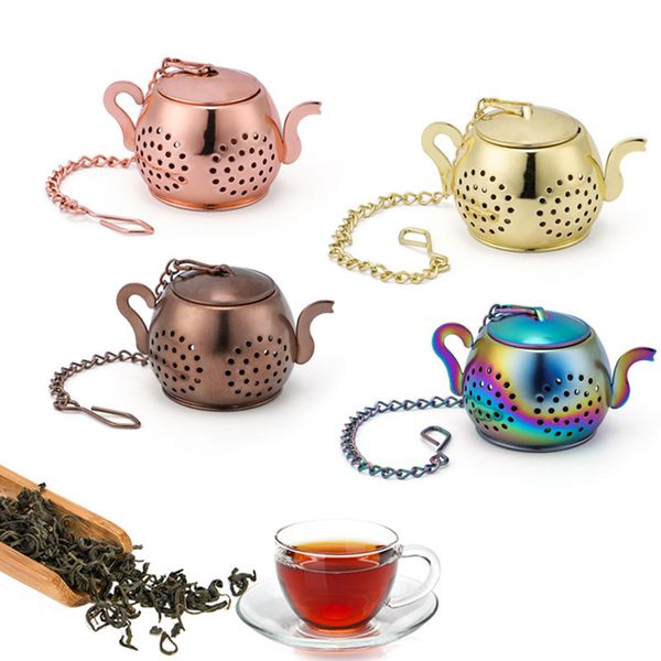 Teesieb für lose Teeblätter, Kugel aus Edelstahl mit Kette, Kräutergewürzfilter für Becher, Tasse und Krug, niedliche Teekannenform