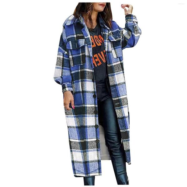 Jackets femininos elegantes casaco quadriculado Mulheres Autumn Winter Clothing 2022 Single Bastted Long Flannel Jacket Roupas femininas