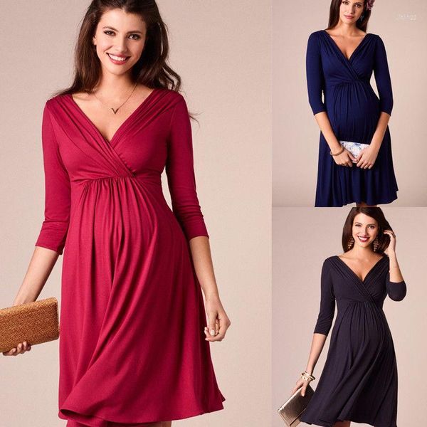 Partykleider Umstandsmode Sommer Schwangere Frauen Kleid Sexy V-Ausschnitt Halbarm A-Linie Elegant Einfarbig Plus Size