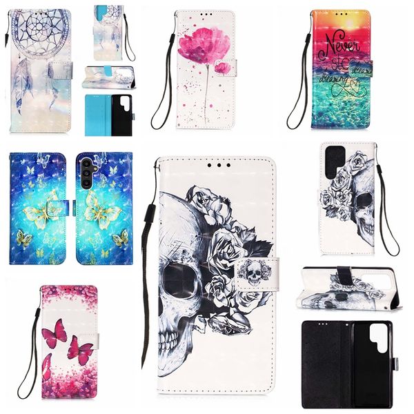 Capa carteira de couro borboleta flor 3D para Samsung S23 Ultra A54 5G A14 S22 Plus A13 S20 FE Galaxy A42 Note 20 Skull Dreamcatcher Flip Cover Holder Card Bolsas Strap