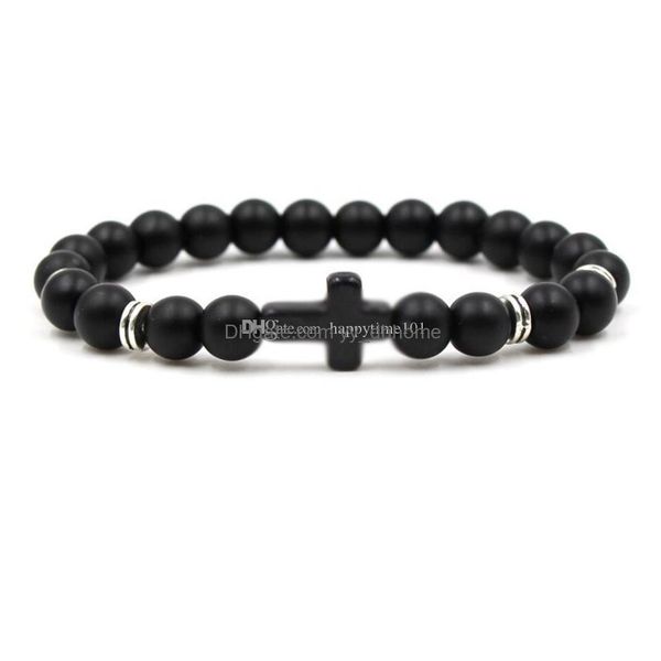 Braccialetti con ciondoli 7 colori Croce naturale opaca Perline di pietra nera Bracciale elastico Sier Spacer Roccia vulcanica Perline Stringhe a mano Drop Dhtgv