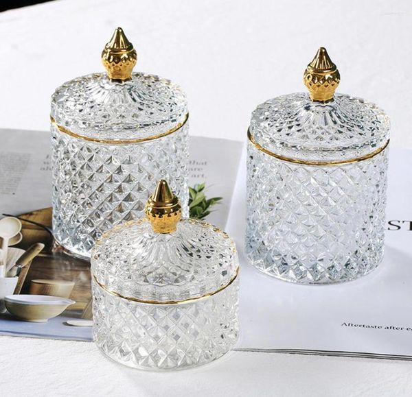 Bottiglie di stoccaggio Bottiglia di vetro antica Scatola di gioielli placcata in oro trasparente Tampone di cotone Bottiglia di tè, bevanda e caramelle Contenitore domestico