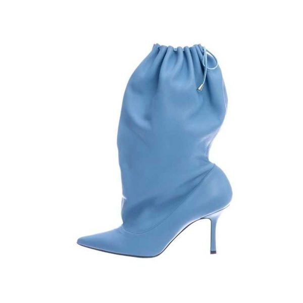 Stivali Stivali lunghi da donna con lacci elastici color caramello Punta a punta Gamba sottile Stivali morbidi da donna a metà polpaccio Tacchi alti sexy Slip-on corto da donna 04151130