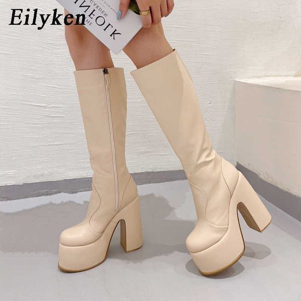 Stivali Eilyken Chunky Heels Platform Stivali alti al ginocchio per le donne Stile punk Autunno Inverno Punta tonda Zip Scarpe da donna Stivaletti da equitazione 221123