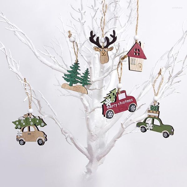 Weihnachtsdekorationen aus Holz, bemalt, bunt, Auto-Baum-Anhänger, Ornamente, Dekor für Zuhause, Kinderspielzeug, Geschenk, Weihnachten, Jahr, Party