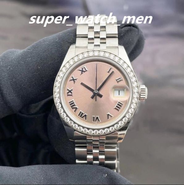 Damenuhren, automatisches mechanisches Uhrwerk, Silber, 28 mm, Uhren 279384, rosa Romen-Zifferblatt, Diamant-Lünette, Stahl mit Box/Broschüre, Saphir-Taucheruhr-Armbanduhren