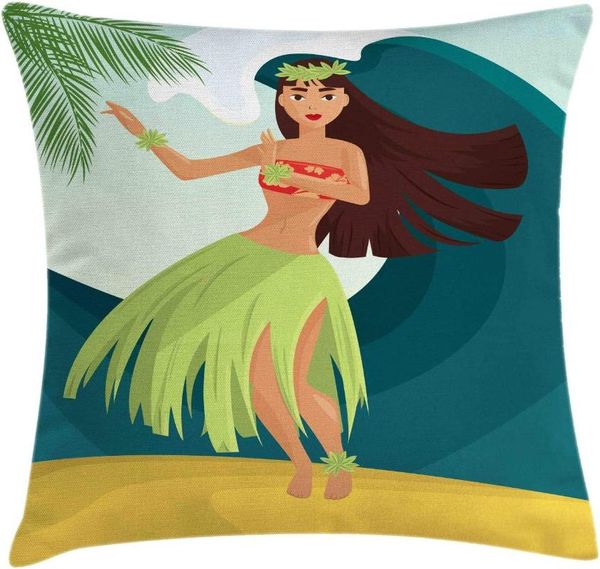 Cuscino Hula Girl Woman Dancing On Sandy Beach Surf Waves Aloha Palm Trees Hello Summer Decorative Square Accent Case