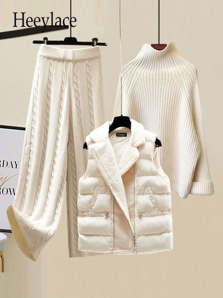 Damen Zweiteilige Hose Winter Warm 3 Sets Outfits Büro Damen Rollkragenpullover Strickpullover Wollparkas Weste Weites Bein Stricken 221130