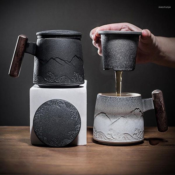 Tazas Ecomhunt Drop hecho a mano de cerámica café té taza colador creativo Retro mango de madera conjunto de caja de regalo