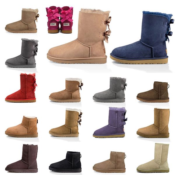 WGG Designer Damen-Stiefel, klassische Schneestiefel, Kastanie, niedrige Schleife, Schwarz, Grau, Rosa, Marineblau, Winter, Australien, australischer Satin, mittlerer Knöchel, kurze Schleife, Mini-Fell-Stiefeletten