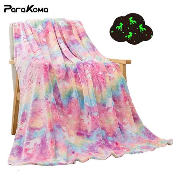 Blanket Glow in the Dark Unicorn Christmas Gifts for Girls Super Soft Flanela Rainbow Throe Luminous Beds 221130