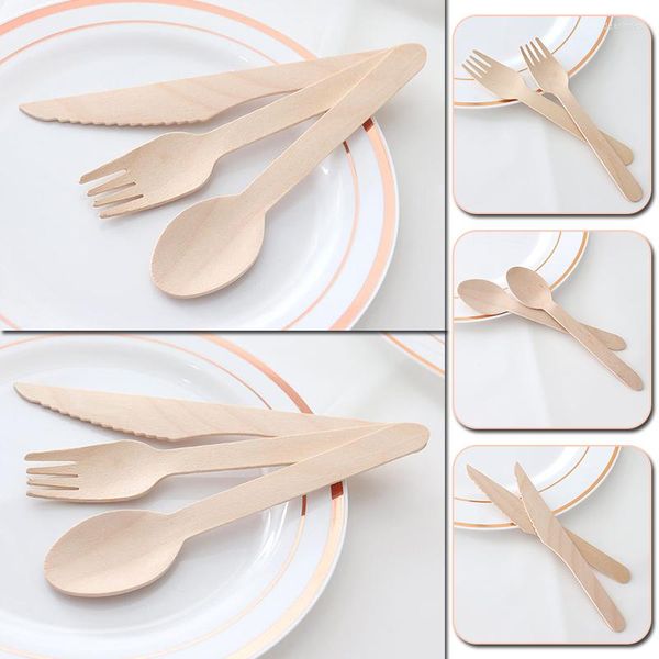 Conjuntos de utensílios de jantar 10pcs Facas de madeira Forks Spoons Calheres descartáveis ​​Biodegradable Kitchen Bar Bar Bamboo Wood Tableware