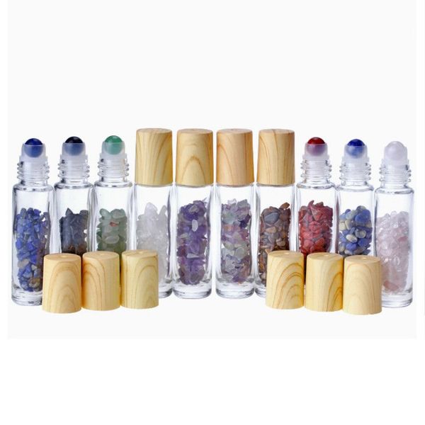 10ml Natural Gemstone Jade Roller Bottle Bottle Wood Wood Condable Recarregável Garrafa de óleo essencial 1130