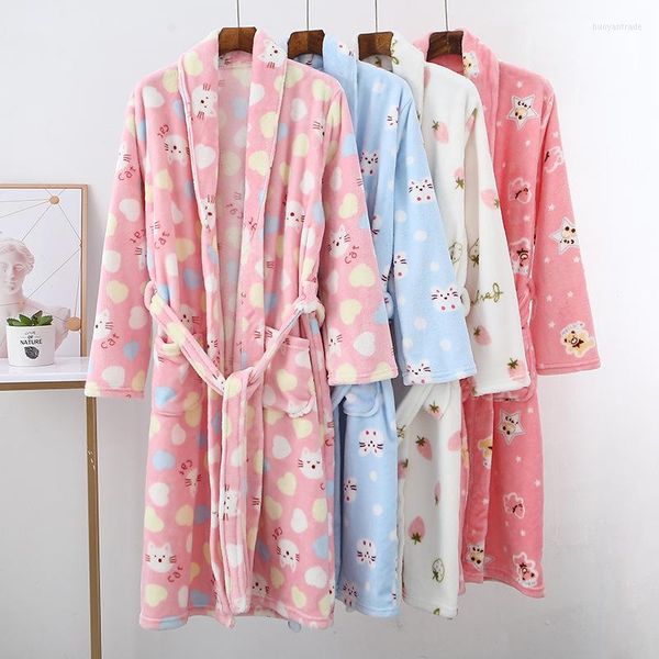 Robe de flanela para mulheres femininas flanela feminina impressão de desenho animado Bathrobe outono inverno