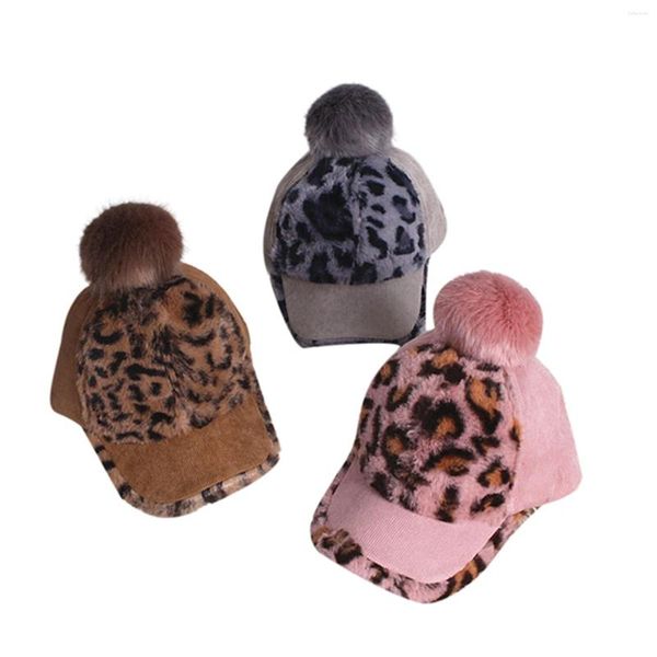 Berets IMCUTE Kinder Big Fur Ball Wollmütze Herbst Winter Verdickung Wärme Leopardenmuster Jungen und Mädchen Baseball