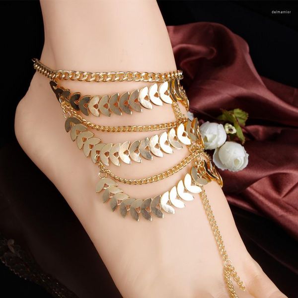 Fußkettchen Mode Übertreiben Gold Farbe Pailletten Quaste Kette Zehenring Sommer Strand Barfuß Sandalen Fuß Schmuck Für Frauen Fußkettchen