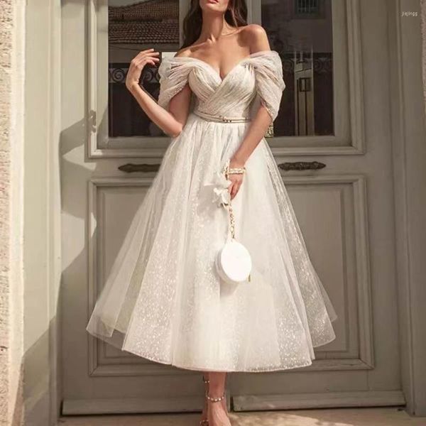 Abiti da festa Bling Glitter Boho Wedding For Women 2022 Sweetheaart Tulle Point Net Beach Abito da sposa corto Civile