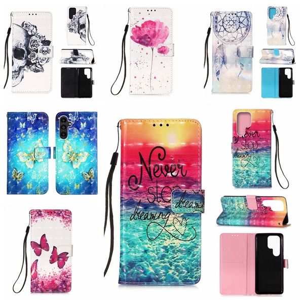 3D-Schädel-Leder-Geldbörsenhüllen für Samsung Galaxy A54 5G A14 S23 S22 Ultra Plus A13 S20 FE A42 Note 20 Dreamcatcher Flower Butterfly Flip Cover Halter Kartentasche Riemen