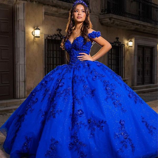 Vestidos azul royal quinceanera para doces vestidos de formatura de 15 anos ombro a ombro com lantejoulas 3D flor vestido de festa de aniversário