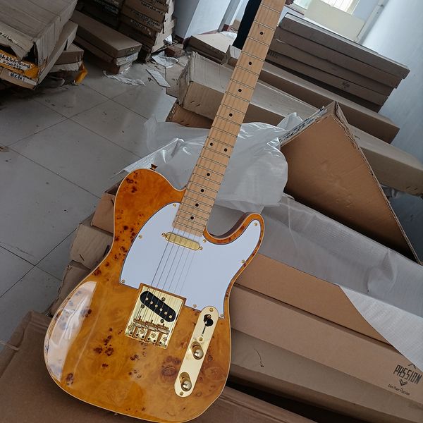 Burl Akçaağaç Kaplama Akçaağaç Klavye Beyaz Pickguard Özelleştirilebilir ile 6 Strings Doğal Ahşap Renk Elektro Gitar