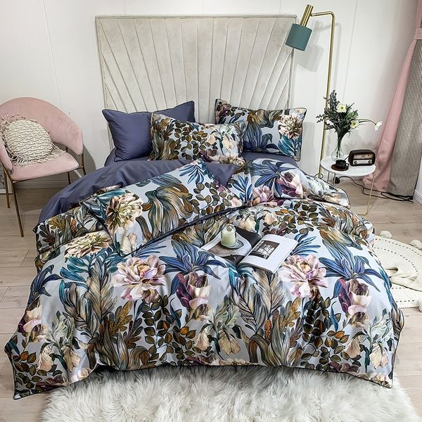 Set di biancheria da letto Foglie tropicali Fiori Copripiumino Silky Soft 100 Cotone egiziano Queen King Lenzuolo Copripiumino Federe 221129