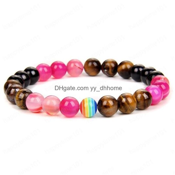 Braccialetti con ciondoli Braccialetti con perline arcobaleno Gioielli per amanti fortunati per donna Uomo Bracciale con pietre naturali rotonde Colorf a strisce Occhio di tigre Dhc5W