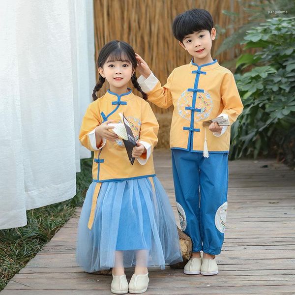 Abbigliamento etnico Bambini Bambini Ricamo stile cinese Tang Suit Ragazze Cheongsam Hanfu Dress Ragazzi Qipao Top Pantaloni Giallo Rosa Orientale
