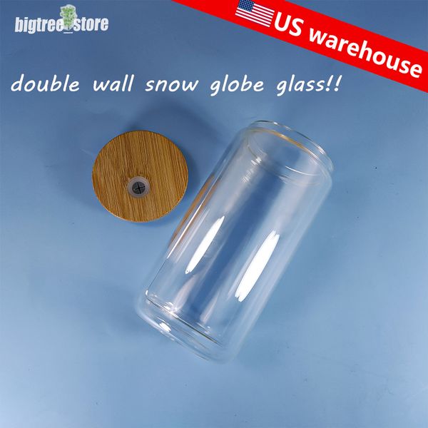 US Warehouse 16oz A sublima￧￣o de parede dupla vidro pode nevar vidro de vidro de vidro de vidro de vidro de vidro com copos de bebida com tampa de bambu e presente personalizado de palha reutiliz￡vel