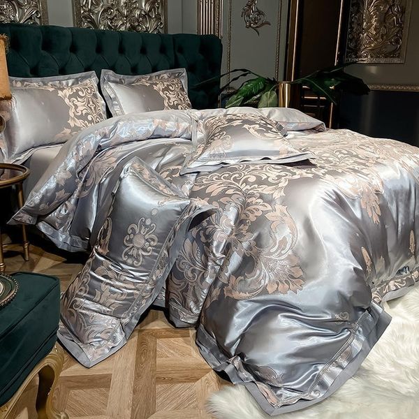 Conjuntos de cama Silk Cetim Algodão Delicado Jacquard Duveta Capa Champagne Prata Silky Soft Set 1 Bed Sheet1 2 Fronhas 221129