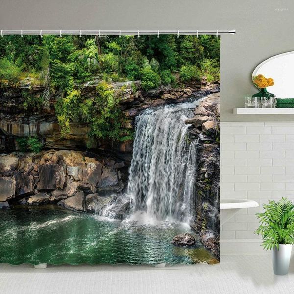 Duschvorhänge, 3D-Wasserfall-Thema, Waldlandschaft, Bad, wasserdichter Stoffvorhang-Set, Naturlandschaft, Badezimmer-Abtrennung, Kurtyny