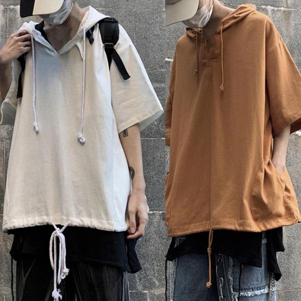 Erkek Sweaters Serin Erkekler Hoodie Düz Renk Gevşek Tip Kapşonlu Yarım Kollu Çizme Hip Hop Sweatshirt Yaz Üst Sokak Giyim