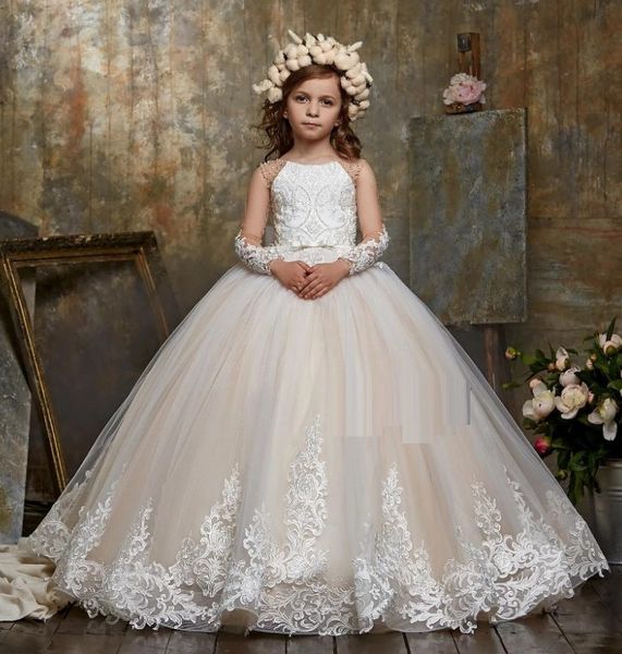 Luxuriöse Prinzessinnen-Ballkleider für Kinder, Blumenmädchenkleider, ärmelloses Maxikleid mit Spitze, flauschiger Tüll, Kathedralenschleppe