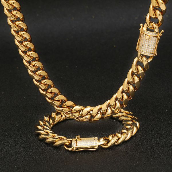 Chokers 12mm jóias da moda 316l Aço inoxidável 18K Palhado de ouro Miami Cadeir Chain Link Men Women Colar 221130