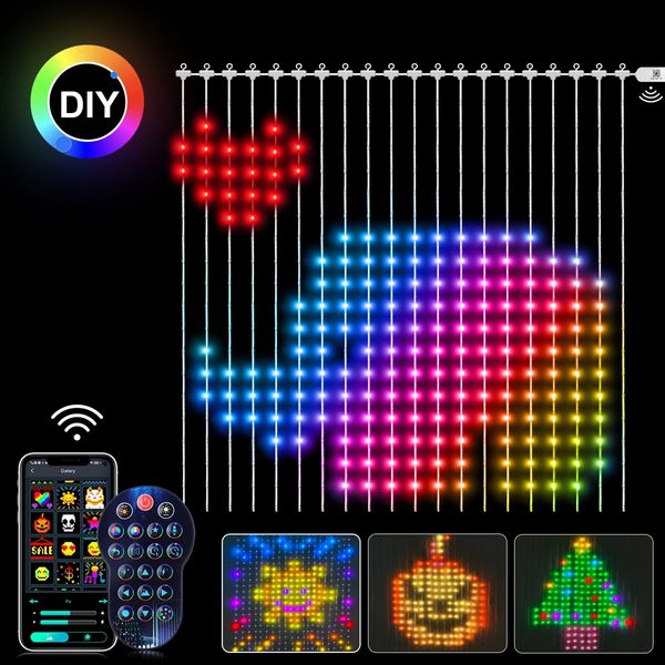 Intelligente LED-Vorhang-Lichterkette, Muster, Text, programmierbar, Musiksynchronisation, DIY, 400 LEDs mit Fernbedienung, APP, Weihnachten