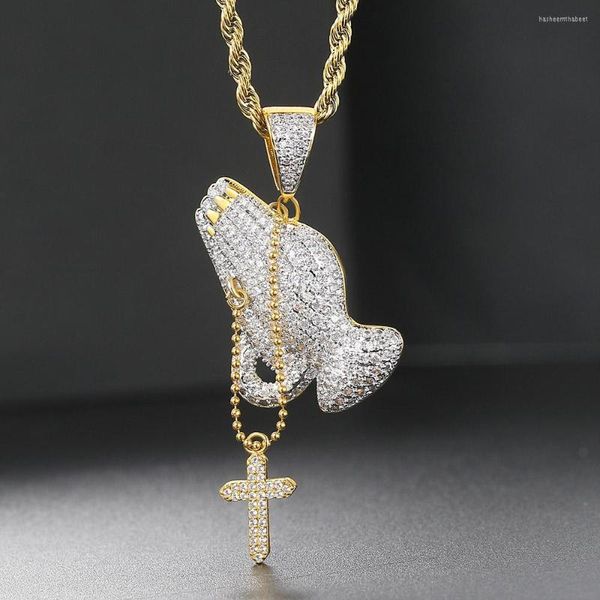 Anhänger Halsketten HipHop Rapper Iced Out betende Hand für Männer Frauen Gold Farbe Charme Schmuck Halskette Kette am Hals OHP016