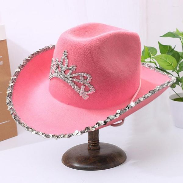 Cappelli Inverno Donna Corona Cappello da cowboy occidentale Piume Copricapo Paillettes Orlatura da donna rosa Decorare