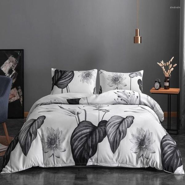 Defina a cama Luxury Grey Folhas brancas Padrão Tampa de edredão Fronhas de cama de cama para roupas adultas crianças confortáveis ​​decoração de lareira