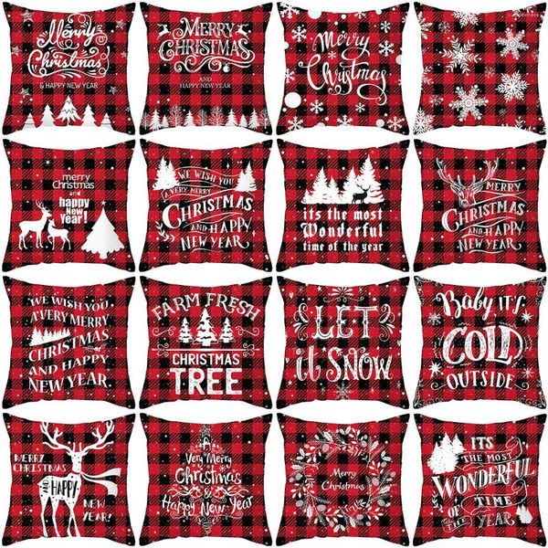 Decorações de Natal Luanqi Red e Black Plaid Cushion Cover Farmhouse Decor Home Decor Capas de travesseiro de neve dos alce