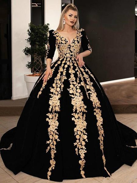 Formale Abendkleider aus schwarzem Samt mit V-Ausschnitt und goldenen Spitzenapplikationen, perlenbesetzter Kaftan, Arabisch, Dubai, Winter-Abschlussballkleider