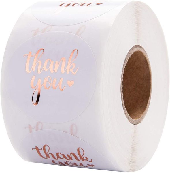 Agradecemos adesivos Roll 500 PCs Lables Rose Gold para embalagens de panificação, focas de envelope, pequenas empresas, etiquetas brancas para casamento, aniversário, festa 1223180