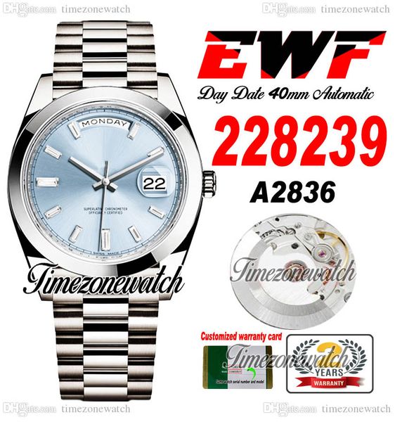 EWF Daydate 228398 A2836 Otomatik Erkekler İzle Cilalı Çerçeveli Buz Mavi Baget Diamond Dial Başkan Bilezik Aynı Seri Kart Süper Baskı TimZoneWatch H8