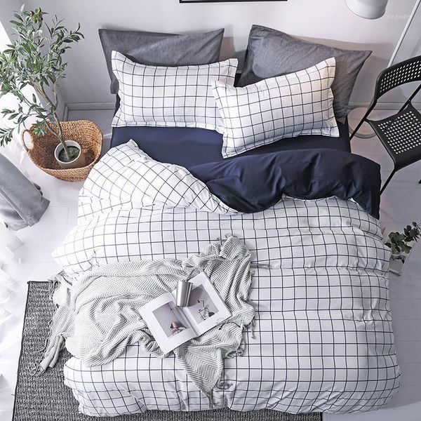 Yatak takımları 3/4pcs ev tekstil beyaz mavi ekose nevres kapak yastık kılıfları düz yatak sayfası basit İskandinav keten set genç erkek kız