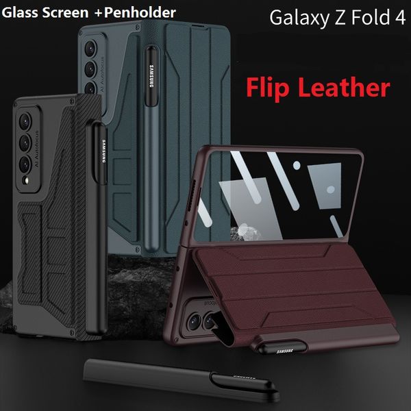Estojo porta caneta destacável para Samsung Galaxy Z Fold 4 5G estojo com tela de filme de vidro flip cartão capa de couro