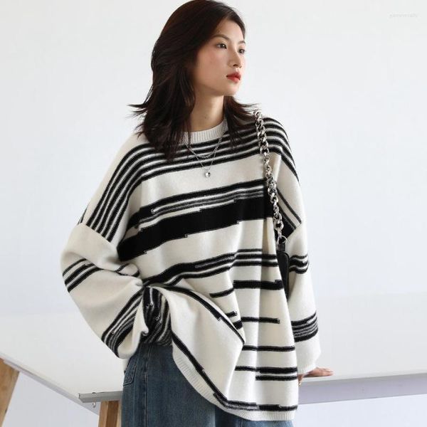 Camisolas femininas 2022 Mulheres Black White Stripe Sweater OUTONO WILL GRESSO ASSIM