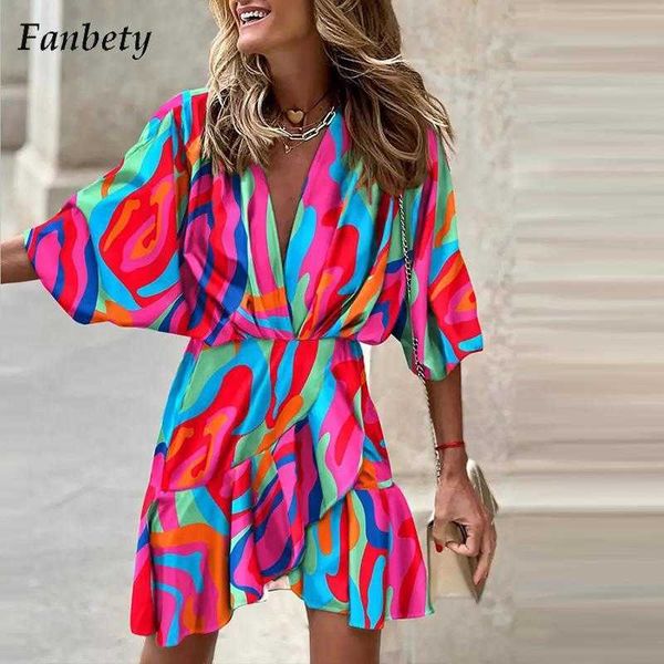 Partykleider Frauen Fashion Muster Print Party Kleid Sommerbüro sexy v Hals Rüschenkleid Damen Casual Short Sleeve Beach Kleider Vestido T220930