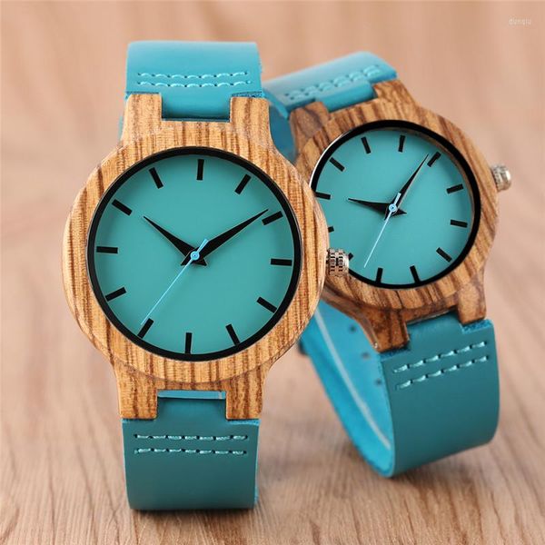 Avanadores de pulso Yisuya Moda Blue Bamboo Wood Watch Watch Mens Creative Quartz Analog Genuíno Couro Handmade Wooden Wristwatch de Natal Presentes